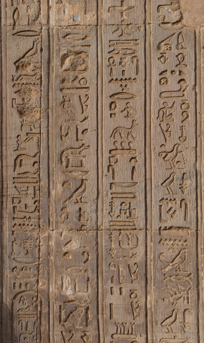 Detailed relief of Egyptian hieroglyphics etched on stone in Egypt.